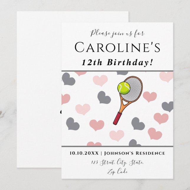 Tennis Love Romantic Hearts Pink & Gray Kids Party Invitation (Front/Back)