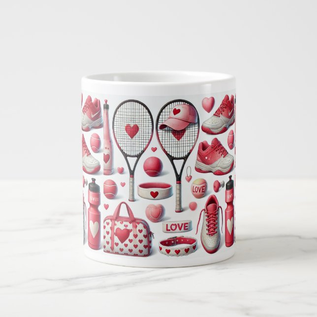 Tennis Love themed in red and white with heart  Giant Coffee Mug (Front)