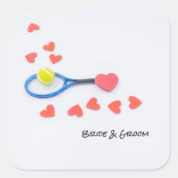 Tennis love with tennis ball and racket wedding square sticker
