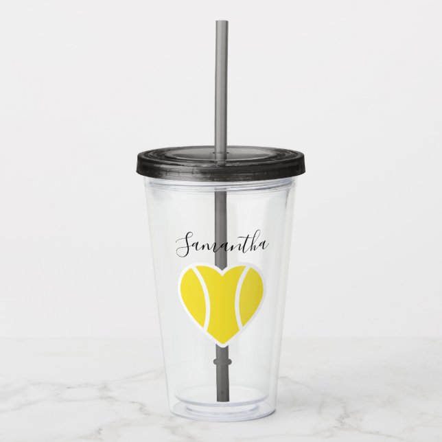 Tennis Love Yellow Ball Heart Sports Personalized Acrylic Tumbler (Front)