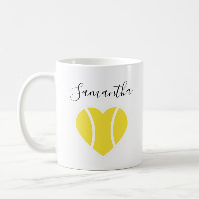 Tennis Love Yellow Ball Heart Sports Personalized Coffee Mug (Left)