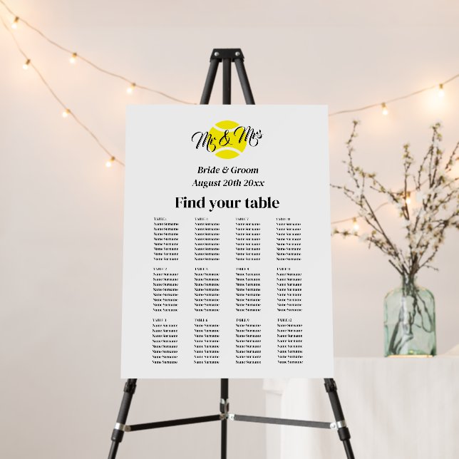 Tennis lover wedding seating chart foam board (In Situ (Stand))