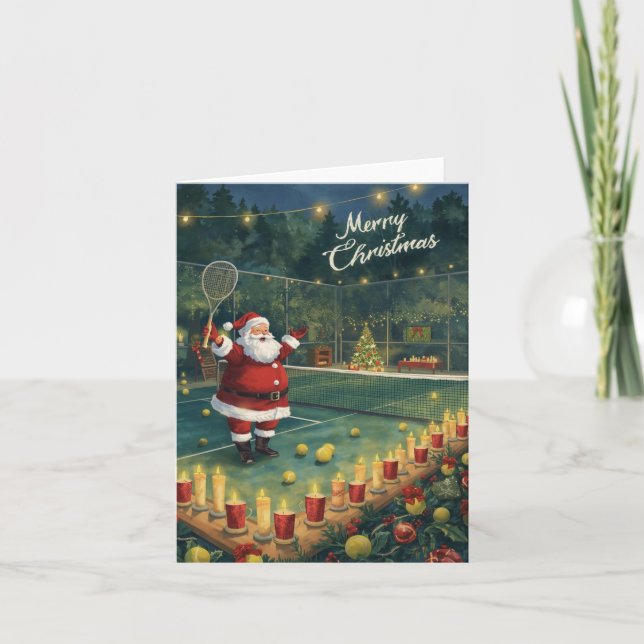 Tennis  Merry Christmas  Santa Claus in the court Holiday Card (Front)