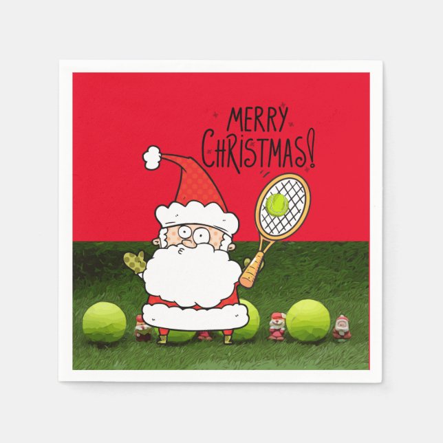 Tennis Merry Christmas with ball and Santa Claus Napkins (Front)