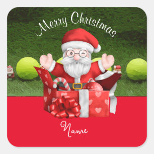 Tennis Merry Christmas with ball and Santa Claus   Square Sticker