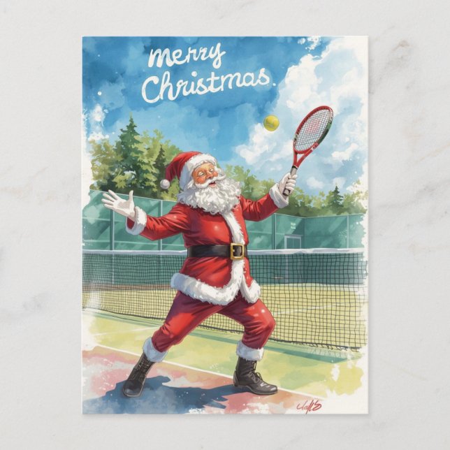 Tennis  Merry Christmas with Santa Claus Holiday Postcard (Front)