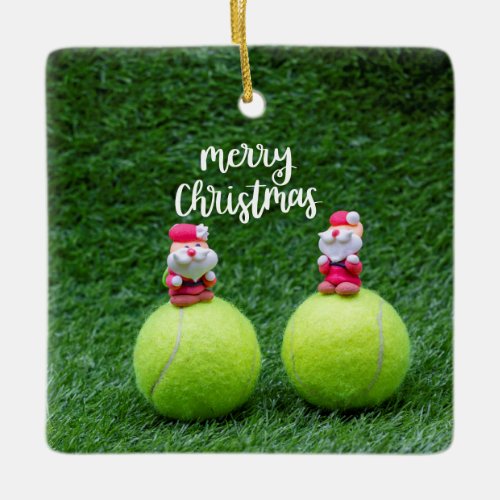 Tennis Merry Christmas with Santa Claus on green   Ceramic Ornament