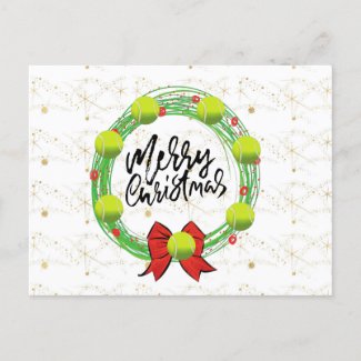Tennis Merry Christmas Wreath with balls ribbon Postcard