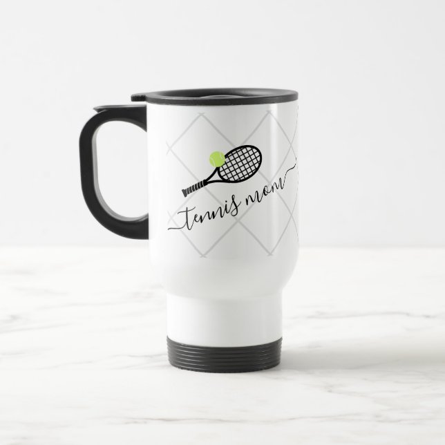 Tennis Mom Elegant Cute Personalized Tennis Racket Travel Mug (Left)