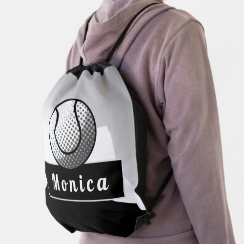 Tennis Mom Gift Ball Modern Personalized Name Gray Drawstring Bag