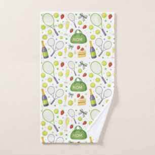 Tennis Mom with racket and Balls and strawberries Hand Towel