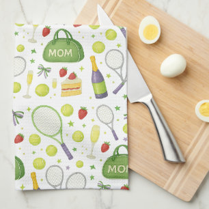 Tennis Mom with racket and Balls and strawberries Kitchen Towel
