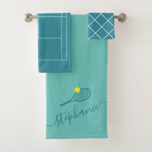 Tennis Monogram Name Custom Teal Bath Towel Set