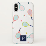 Tennis Monogram Sports Blue Green Custom iPhone X Case<br><div class="desc">This fun tennis racquet and ball pattern in navy,  teal,  pink,  coral,  orange and green is perfect for the athlete,  coach or player in your life. Personalize with the monogram of your choice.</div>