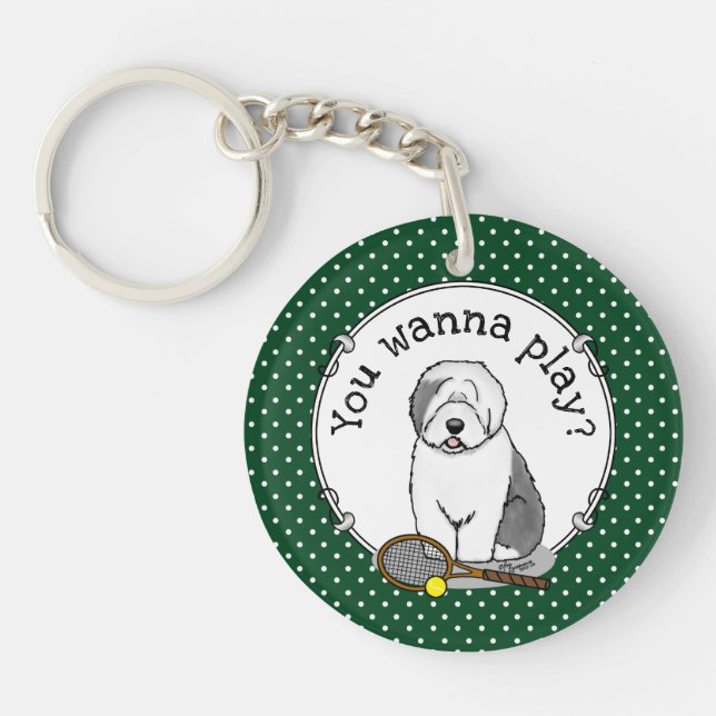 Tennis Old English Sheepdog (Gray 1) Dog Cute Keychain (Front)
