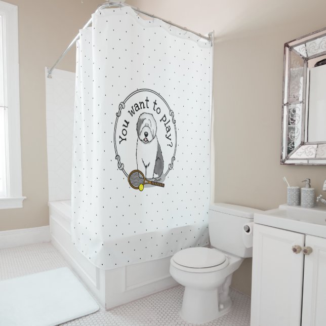 Tennis Old English Sheepdog (Gray 1) Dog Cute Shower Curtain (In Situ)