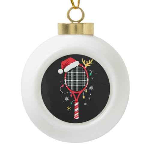 Tennis Paddle with Santa Hat and Christmas Lights Ceramic Ball Christmas Ornament