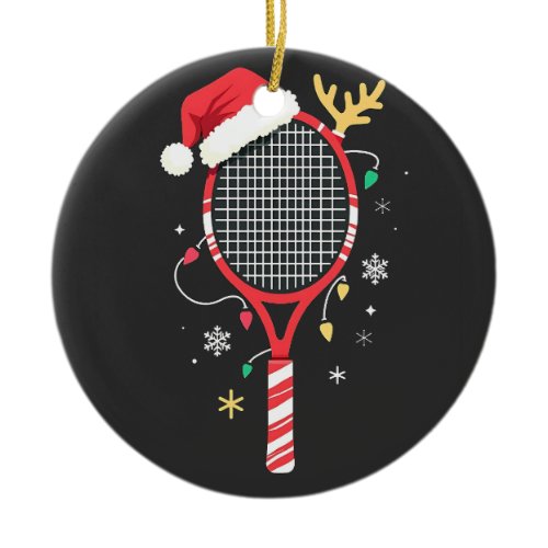 Tennis Paddle with Santa Hat and Christmas Lights Ceramic Ornament