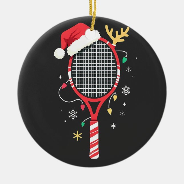 Tennis Paddle with Santa Hat and Christmas Lights Ceramic Ornament (Front)