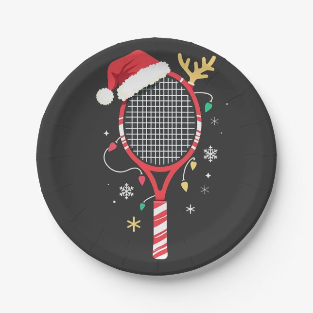 Tennis Paddle with Santa Hat and Christmas Lights Paper Plates (Front)
