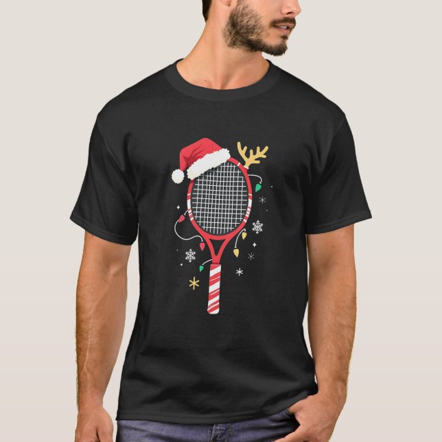 Tennis Paddle with Santa Hat and Christmas Lights T-Shirt (Front)