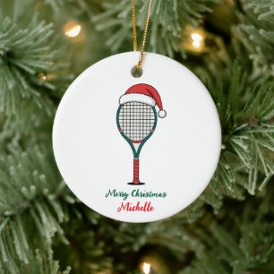 Tennis Paddle with Santa Hat Custom Christmas Ceramic Ornament