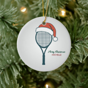 Tennis Paddle with Santa Hat Custom Christmas Ceramic Ornament