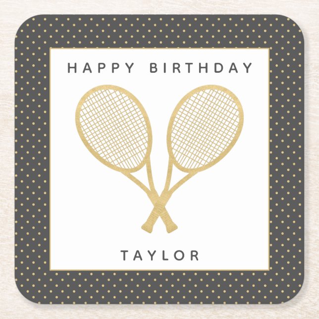 Tennis Party Chic Gold and Gray Custom Square Paper Coaster (Front)