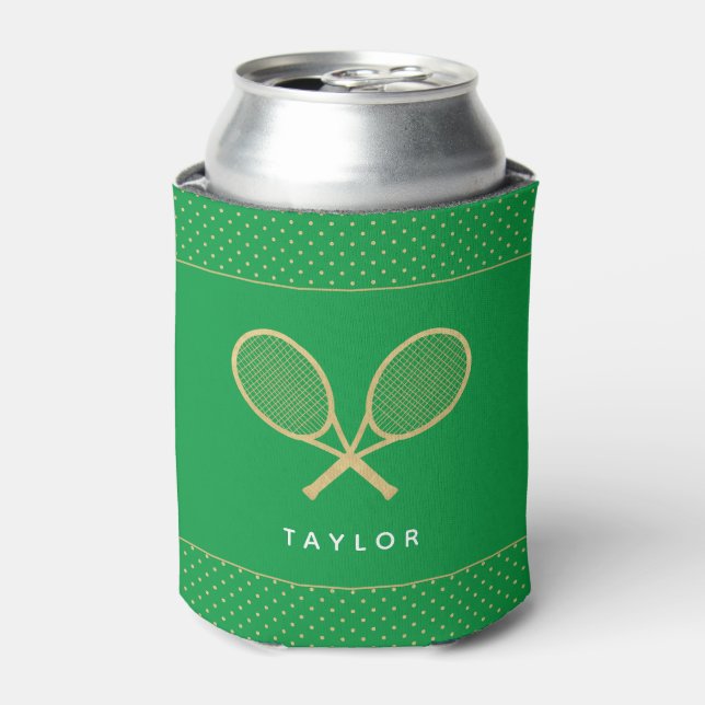 Tennis Party Chic Gold and Green Custom Can Cooler (Can Front)