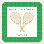 Tennis Party Chic Gold and Green Custom Square Paper Coaster<br><div class="desc">Celebrate the tennis player or tennis fan in your life with these personalized party coasters featuring gold tennis racquets. Text is customizable. Part of a collection from Parcel Studios. *Note: The gold in this product is simulated. No actual gold foil will be used in the manufacture of this product.</div>