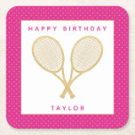 Tennis Party Chic Gold and Pink Custom Square Paper Coaster<br><div class="desc">Celebrate the tennis player or tennis fan in your life with these personalized party coasters featuring gold tennis racquets. Text is customizable. Part of a collection from Parcel Studios. *Note: The gold in this product is simulated. No actual gold foil will be used in the manufacture of this product.</div>