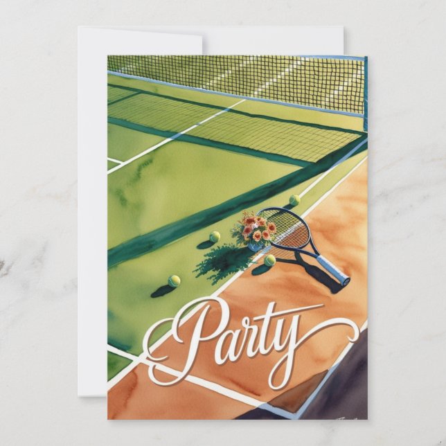 Tennis Party Invitation with racket on the court  (Front)