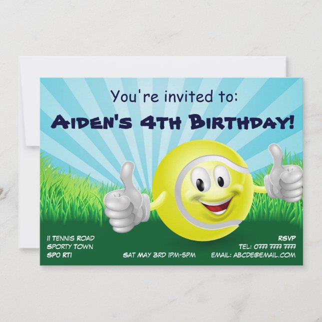 Tennis party kids birthday invite (Front)