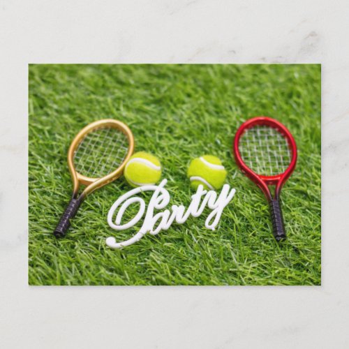 Tennis Party with racket and ball on green grass Postcard