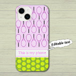 Tennis pattern custom name blue iPhone 14 case<br><div class="desc">This tennis-themed design uses tennis balls create a bright polka dot pattern,  and there is a further pattern using tennis rackets. A white stripe gives space for you to personalize with a name or other text. Background color: pale pink and soft green.</div>