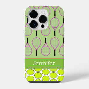 Tennis pattern custom name pink green iPhone 14 pro case