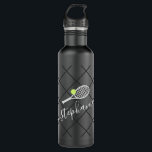 Tennis Personalized Elegant Script Name Stainless Steel Water Bottle<br><div class="desc">Black and white personalized black stainless steel water bottle with a tennis racket monogram in an elegant and cute calligraphy script font with a subtle net pattern background.</div>