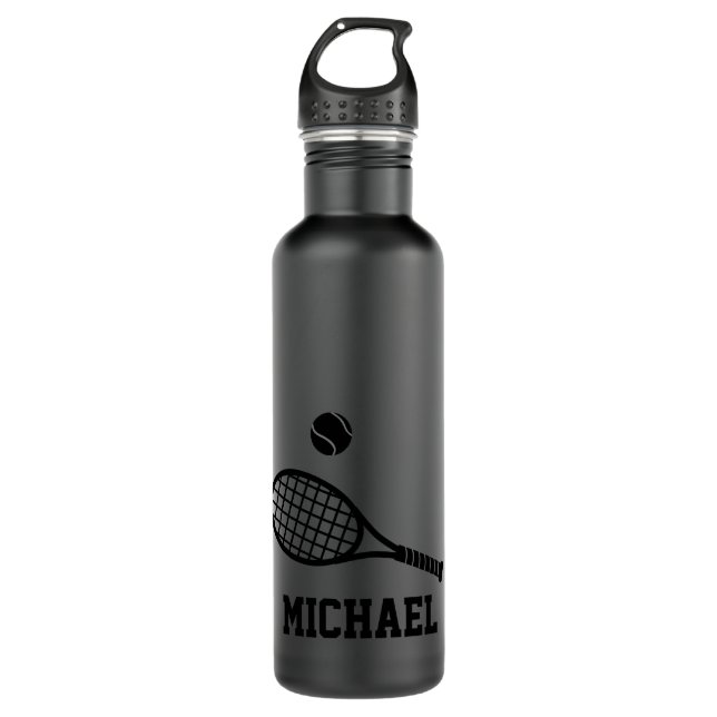 Tennis Personalized Name Black Stainless Steel Water Bottle (Front)