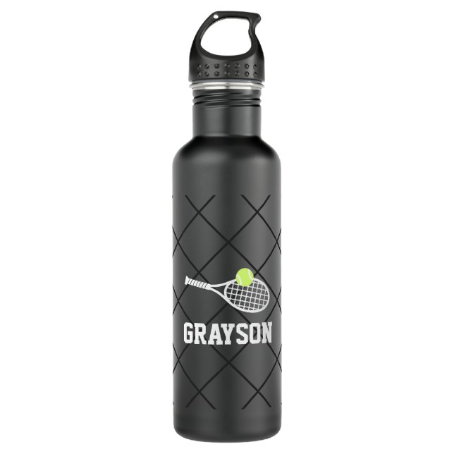 Tennis Personalized Name Modern Black Stainless Steel Water Bottle (Front)