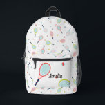 Tennis Personalized Name Pink Green Blue Custom Printed Backpack<br><div class="desc">This tennis backpack can be personalized with the name of your choice. Printed with an illustrated tennis design,  in greens,  pinks and blues,  this unique custom backpack makes a wonderful gift for the tennis player in your life.</div>