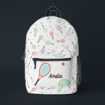 Tennis Personalized Name Pink Green Blue Custom Printed Backpack<br><div class="desc">This tennis backpack can be personalized with the name of your choice. Printed with an illustrated tennis design,  in greens,  pinks and blues,  this unique custom backpack makes a wonderful gift for the tennis player in your life.</div>