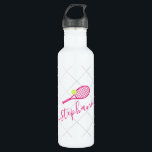 Tennis Personalized Name Pink Stainless Steel Water Bottle<br><div class="desc">Pink and white personalized black stainless steel water bottle with a tennis racket monogram in an elegant and cute calligraphy script font with a subtle net pattern background.</div>
