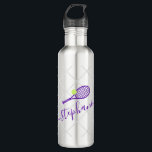 Tennis Personalized Name Purple Stainless Steel Water Bottle<br><div class="desc">Purple and silver stainless steel personalized black stainless steel water bottle with a tennis racket monogram in an elegant and cute calligraphy script font with a subtle net pattern background.</div>