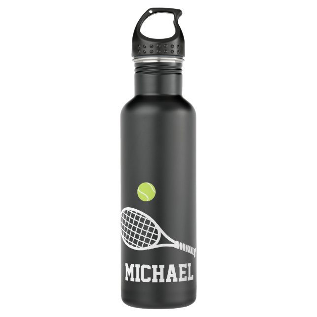 Tennis Personalized Name White Black  Stainless Steel Water Bottle (Front)