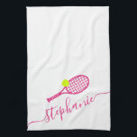 Tennis Personalized Pink Script Name Kitchen Towel<br><div class="desc">Personalized pink tennis monogram name on a kitchen towel with a simple cute tennis racket graphic and custom name or text in a feminine girly and modern pretty script font monogram. Any girls or womens tennis player would appreciate the elegant look on this modern and minimal useful tennis themed gift....</div>
