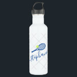 Tennis Personalized Script Blue Name  Stainless Steel Water Bottle<br><div class="desc">Royal navy blue and white personalized stainless steel water bottle with a tennis racket monogram in an elegant and cute calligraphy script font with a subtle net pattern background.</div>