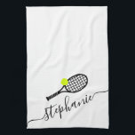 Tennis Personalized Script Name Kitchen Towel<br><div class="desc">Personalized tennis monogram name on a kitchen towel with a simple cute tennis racket graphic and custom name or text in a feminine girly and modern pretty script font monogram. Any girls or womens tennis player would appreciate the elegant look on this modern and minimal useful tennis themed gift.</div>
