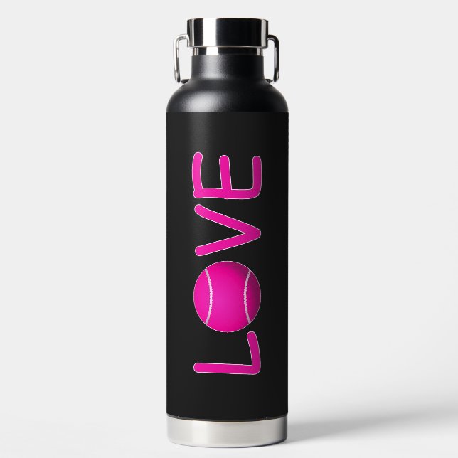 Tennis Pink LOVE Black Water Bottle (Front)