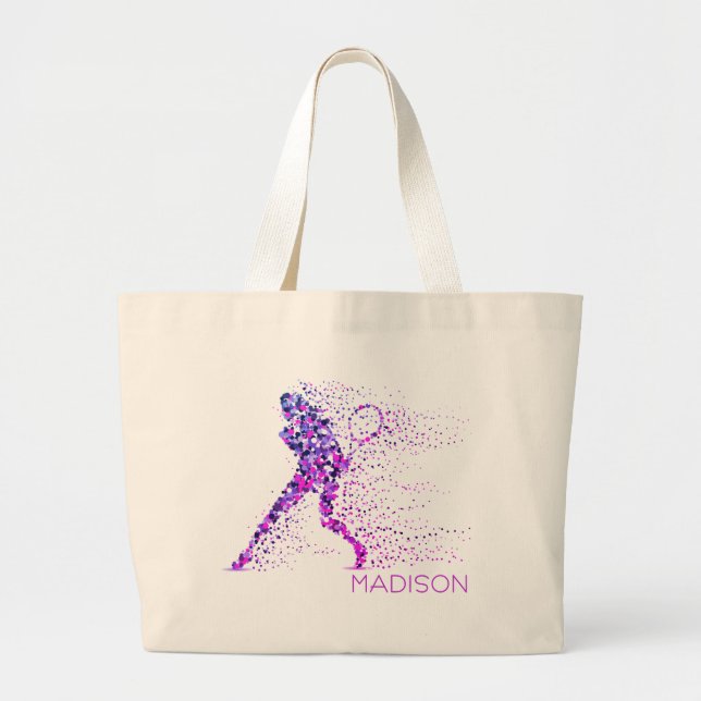 Tennis Pink Pixels Personalized Name Large Tote Bag (Front)