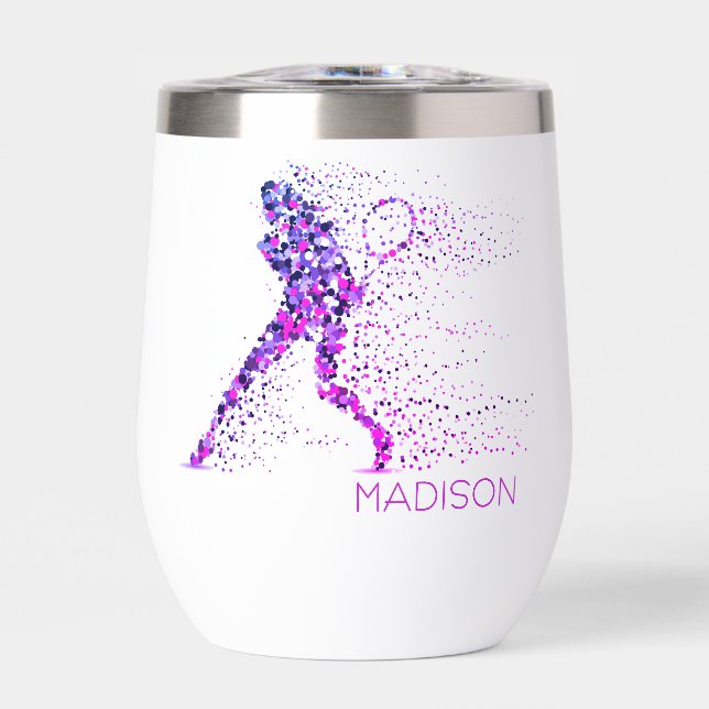 Tennis Pink Pixels Personalized Name Thermal Wine Tumbler (Front)